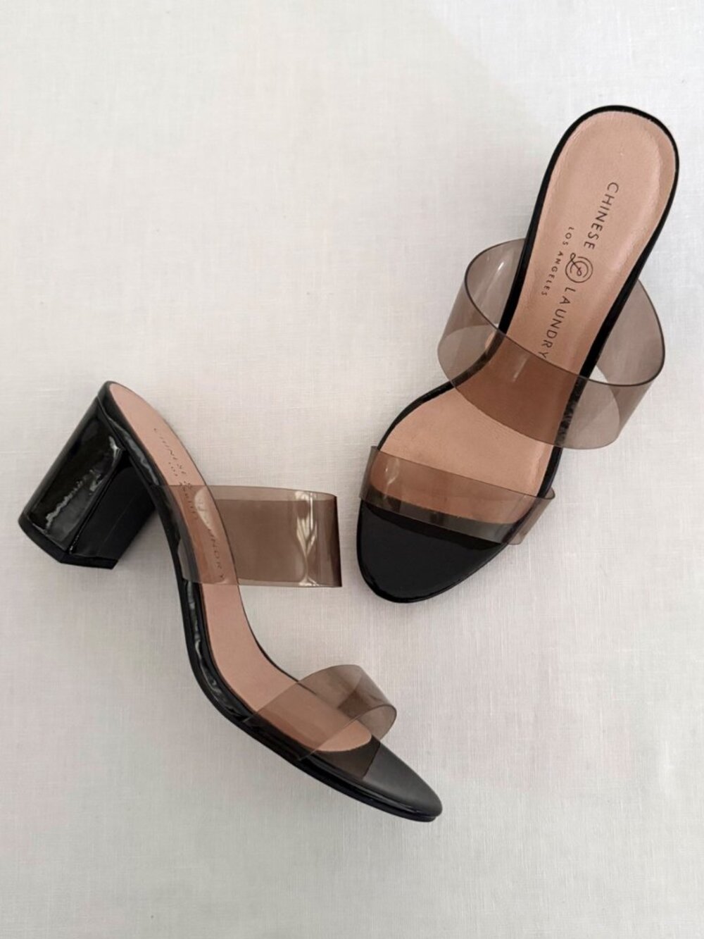 Chinese Laundry Womens 8 Smoke Clear Strap Black Block Heel Mule Sandals